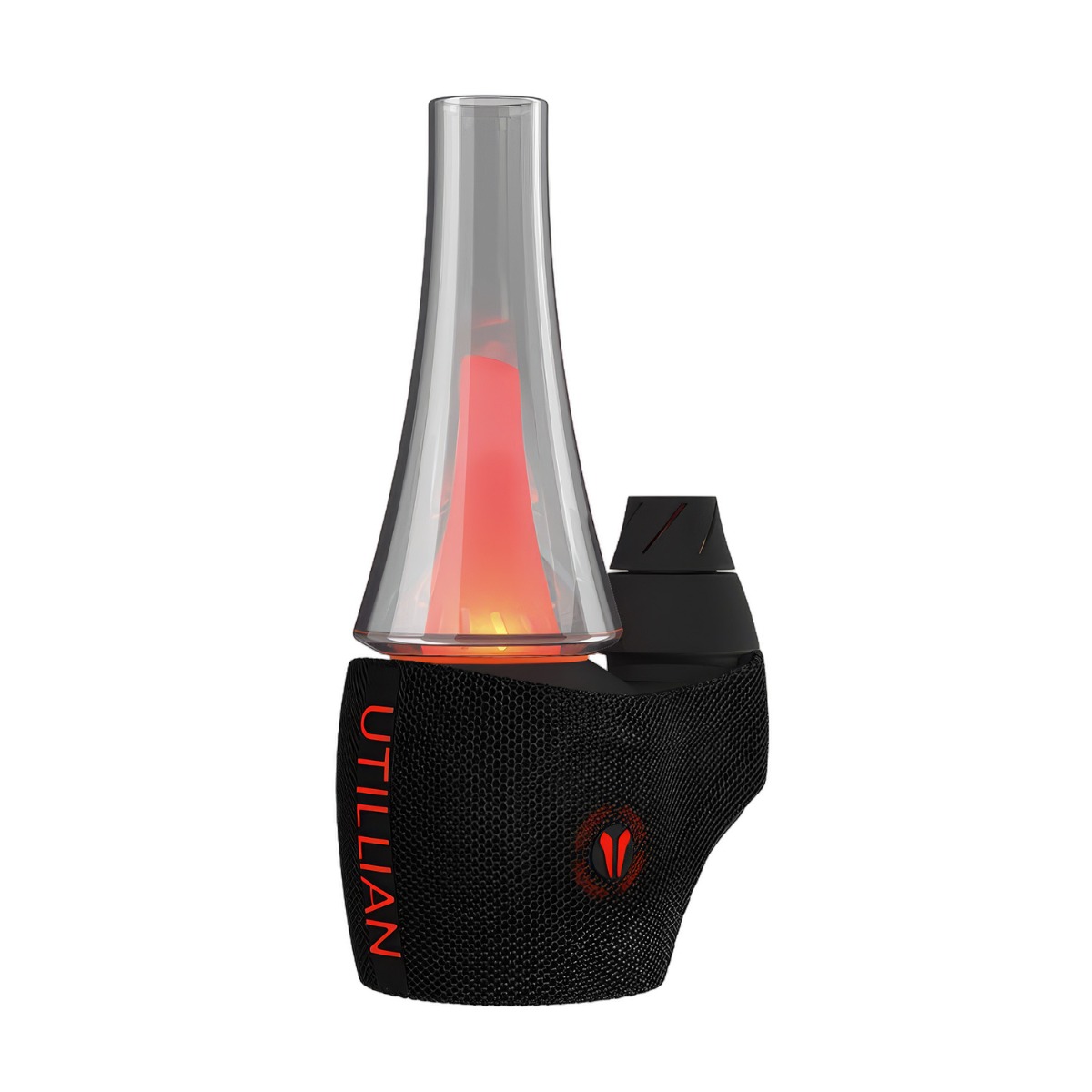 Utillian 8 Turbo electric dab rig in Black featuring a red-glowing glass bubbler and dual spinner carb cap