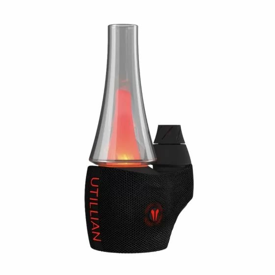 Utillian 8 Turbo electric dab rig in Black featuring a red-glowing glass bubbler and dual spinner carb cap