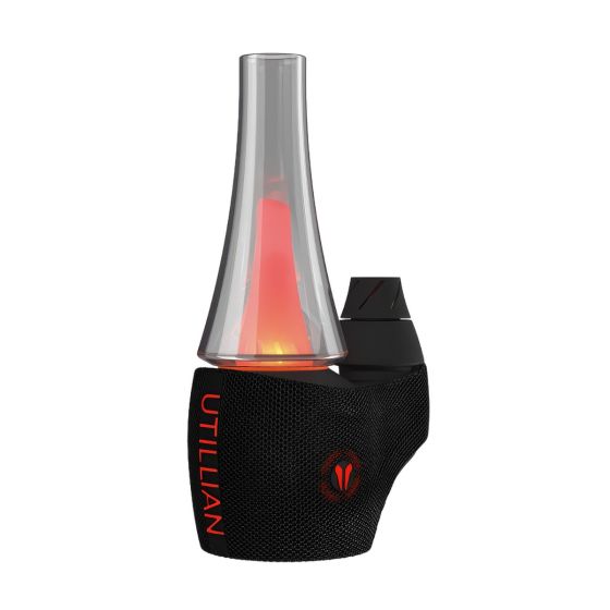 Utillian 8 Turbo – schwarzes E-Rig mit rot leuchtendem Glas-Bubbler und Dual-Spinner-Carb-Cap
